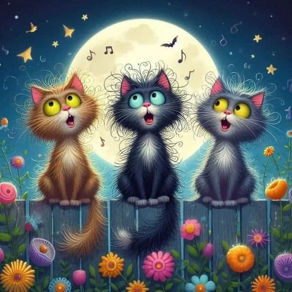 Bomclap Diamond Painting – Katter i Månskenskväll med Musik DIY 5D Diamantmålning för Vuxna & Nybörjare, 30x30cm