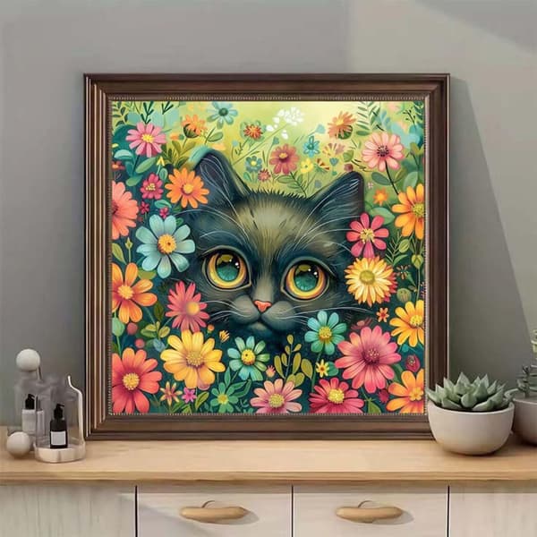 Bomclap Cat Diamond Art Kits för Vuxna – Katter 5D Full Rund Drill Blommorsmålning. DIY Hemdeko & Hantverk Gåva (14x14 tum)
