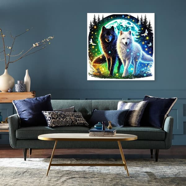 Bomclap Diamond Painting – Mystiska Svart - och Vitvargar under Måne och Stjärnor DIY 5D Diamantmålning för Vuxna & Nybörjare, 30x30cm