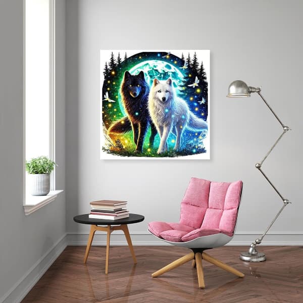 Bomclap Diamond Painting – Mystiska Svart - och Vitvargar under Måne och Stjärnor DIY 5D Diamantmålning för Vuxna & Nybörjare, 30x30cm