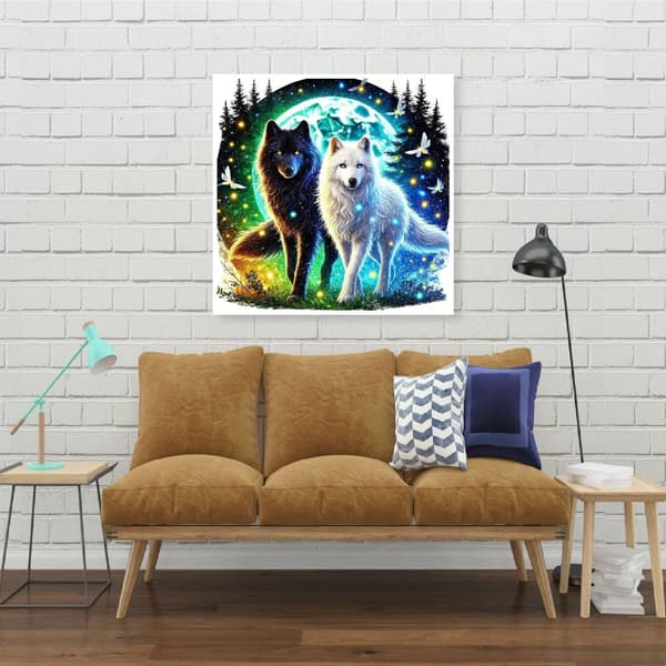 Bomclap Diamond Painting – Mystiska Svart - och Vitvargar under Måne och Stjärnor DIY 5D Diamantmålning för Vuxna & Nybörjare, 30x30cm