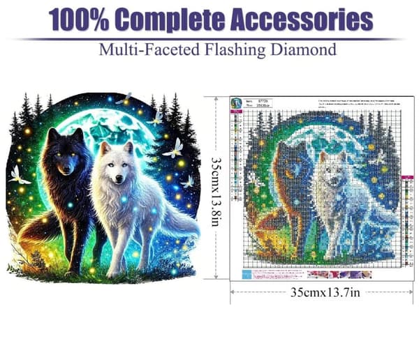 Bomclap Diamond Painting – Mystiska Svart - och Vitvargar under Måne och Stjärnor DIY 5D Diamantmålning för Vuxna & Nybörjare, 30x30cm