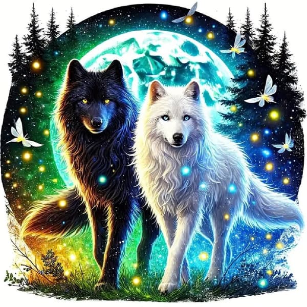 Bomclap Diamond Painting – Mystiska Svart - och Vitvargar under Måne och Stjärnor DIY 5D Diamantmålning för Vuxna & Nybörjare, 30x30cm