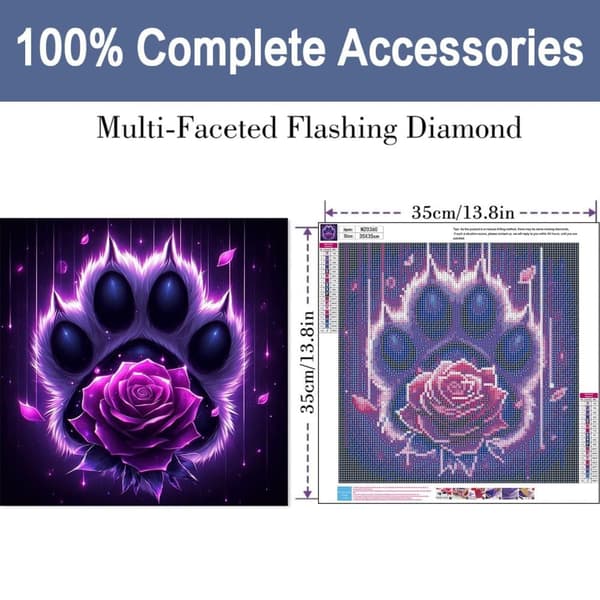 Bomclap Diamond Painting – Mystiskt Purpurrosa Paw - och Rose DIY 5D Diamantmålning för Vuxna & Nybörjare, 30x30cm