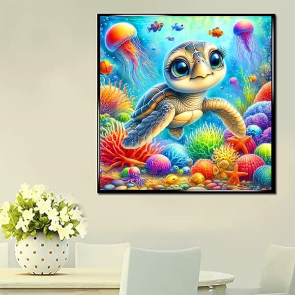Bomclap Diamond Painting – Söt Baby Sköldpadda i Färgsprakande Under vattens Värld DIY 5D Diamantmålning för Vuxna & Nybörjare, 30x30cm