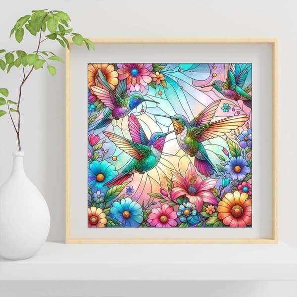 Bomclap Målat Glas Kolibri 5D Diamantkonst - Runda Full Drill DIY Väggdekoration 35x35 cm