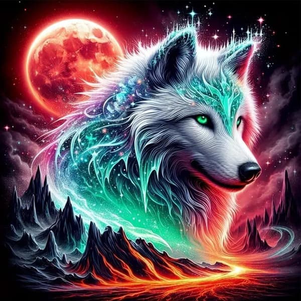Bomclap Diamond Painting – Kosmisk Vit Varg under Röd Måne DIY 5D Diamantmålning för Vuxna & Nybörjare, 30x30cm