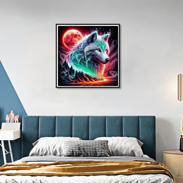 Bomclap Diamond Painting – Kosmisk Vit Varg under Röd Måne DIY 5D Diamantmålning för Vuxna & Nybörjare, 30x30cm