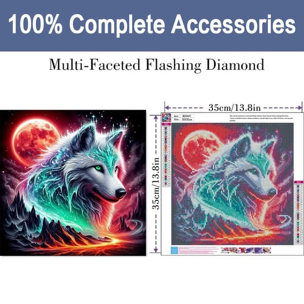Bomclap Diamond Painting – Kosmisk Vit Varg under Röd Måne DIY 5D Diamantmålning för Vuxna & Nybörjare, 30x30cm