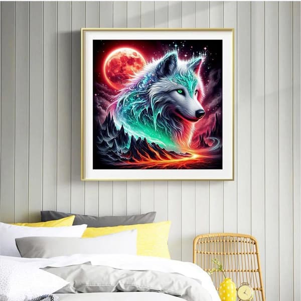 Bomclap Diamond Painting – Kosmisk Vit Varg under Röd Måne DIY 5D Diamantmålning för Vuxna & Nybörjare, 30x30cm