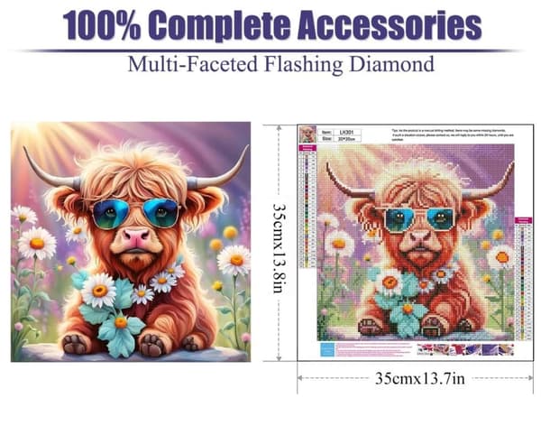 Bomclap Diamond Painting – Cool Höglandsk Ox i Blommande Åker DIY 5D Diamantmålning för Vuxna & Nybörjare, 30x30cm