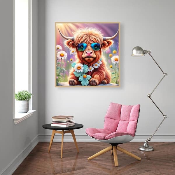 Bomclap Diamond Painting – Cool Höglandsk Ox i Blommande Åker DIY 5D Diamantmålning för Vuxna & Nybörjare, 30x30cm