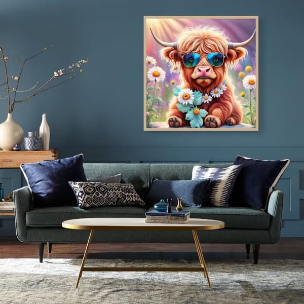 Bomclap Diamond Painting – Cool Höglandsk Ox i Blommande Åker DIY 5D Diamantmålning för Vuxna & Nybörjare, 30x30cm
