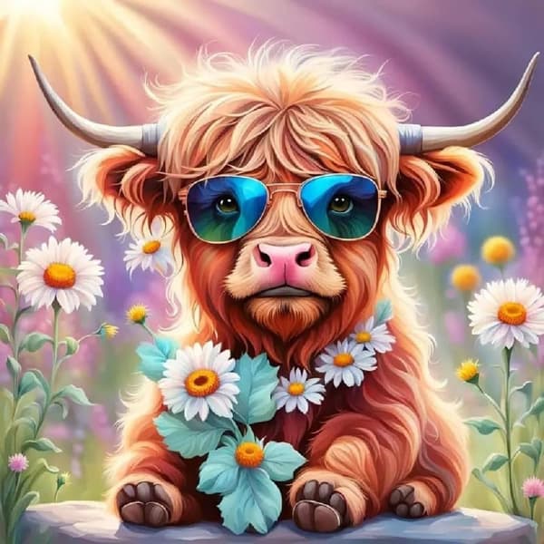 Bomclap Diamond Painting – Cool Höglandsk Ox i Blommande Åker DIY 5D Diamantmålning för Vuxna & Nybörjare, 30x30cm