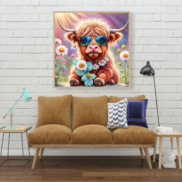 Bomclap Diamond Painting – Cool Höglandsk Ox i Blommande Åker DIY 5D Diamantmålning för Vuxna & Nybörjare, 30x30cm