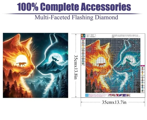 Bomclap Diamond Painting – Katts och Vargs Duel under Sol och Måne DIY 5D Diamantmålning för Vuxna & Nybörjare, 30x30cm