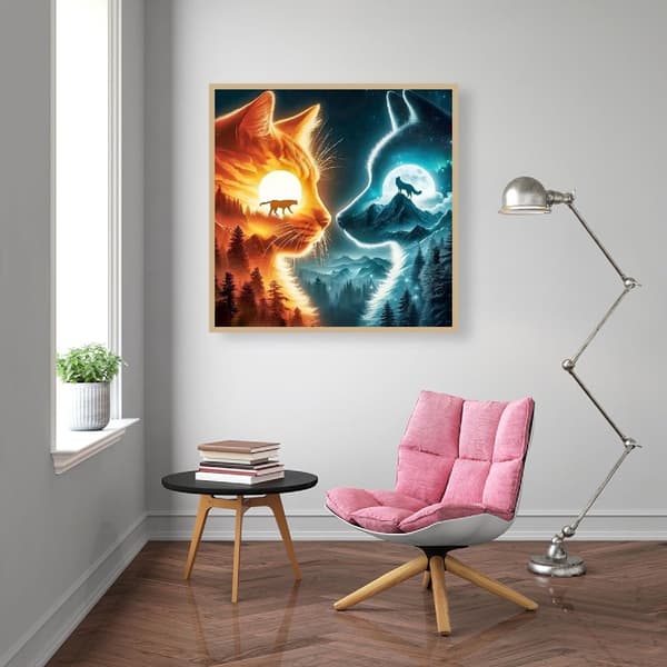 Bomclap Diamond Painting – Katts och Vargs Duel under Sol och Måne DIY 5D Diamantmålning för Vuxna & Nybörjare, 30x30cm
