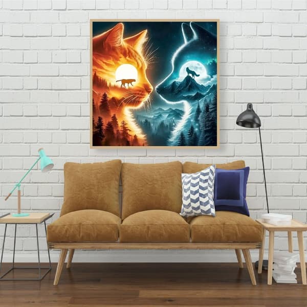 Bomclap Diamond Painting – Katts och Vargs Duel under Sol och Måne DIY 5D Diamantmålning för Vuxna & Nybörjare, 30x30cm