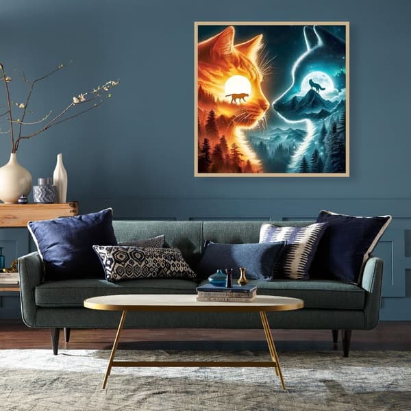 Bomclap Diamond Painting – Katts och Vargs Duel under Sol och Måne DIY 5D Diamantmålning för Vuxna & Nybörjare, 30x30cm