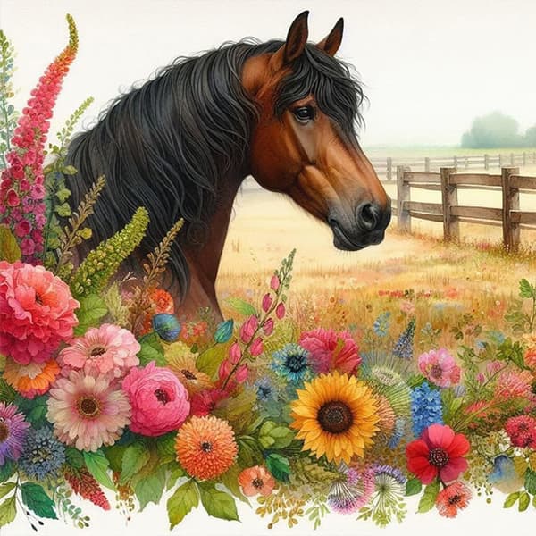 Bomclap Diamond Painting – Elegant Brun Häst i Blommande Åker DIY 5D Diamantmålning för Vuxna & Nybörjare, 30x30cm