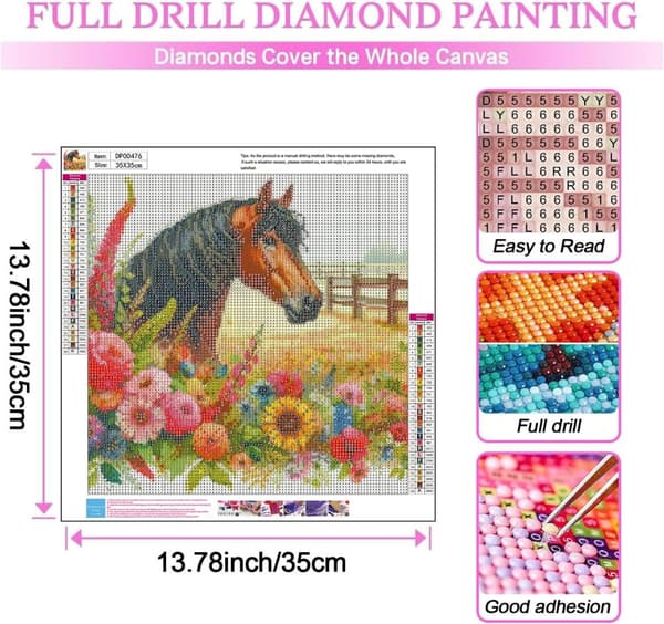 Bomclap Diamond Painting – Elegant Brun Häst i Blommande Åker DIY 5D Diamantmålning för Vuxna & Nybörjare, 30x30cm