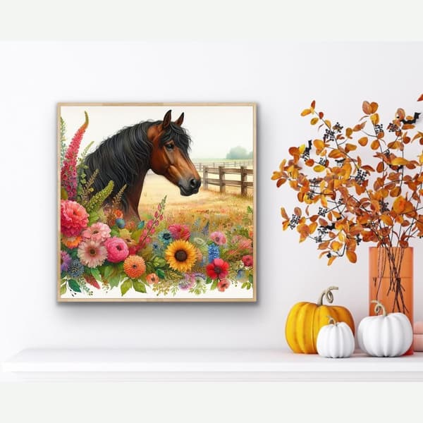 Bomclap Diamond Painting – Elegant Brun Häst i Blommande Åker DIY 5D Diamantmålning för Vuxna & Nybörjare, 30x30cm