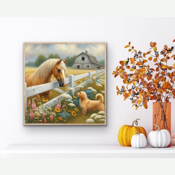Bomclap Diamond Painting – Vänskap mellan Häst och Hund i Lantlig Miljö DIY 5D Diamantmålning för Vuxna & Nybörjare, 30x30cm