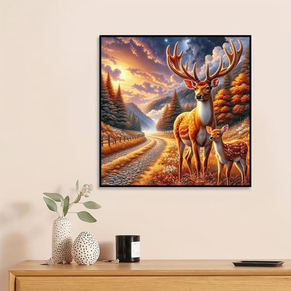 Bomclap Diamond Painting – Höstliga Hjortar i Mycket Skön Naturscen DIY 5D Diamantmålning för Vuxna & Nybörjare, 30x30cm