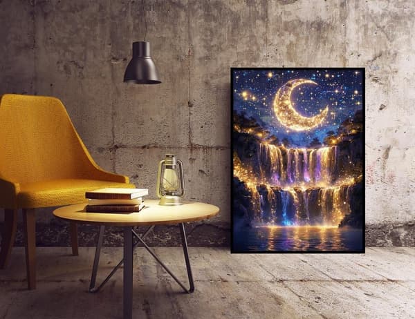 Bomclap 5D Moon Light Waterfall Diamond Kit Voksne Begyndere – DIY Full Round Drill! Månelandskab Diamantprikker – Hemmawall Indretning 30x40cm