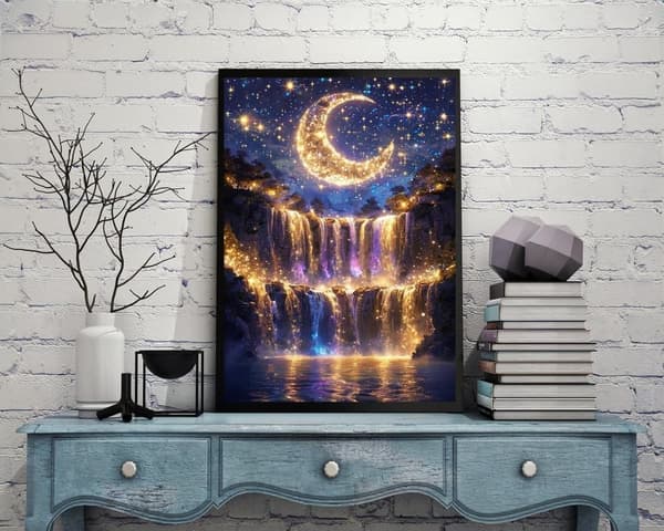 Bomclap 5D Moon Light Waterfall Diamond Kit Voksne Begyndere – DIY Full Round Drill! Månelandskab Diamantprikker – Hemmawall Indretning 30x40cm