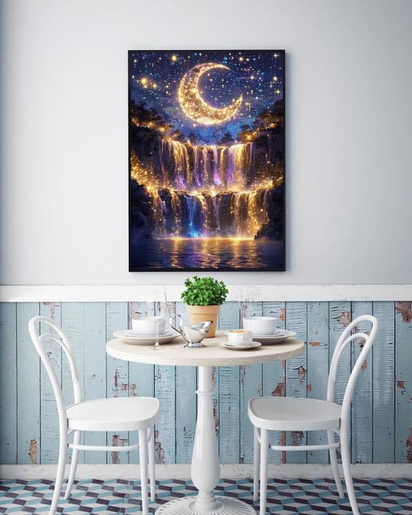 Bomclap 5D Moon Light Waterfall Diamond Kit Voksne Begyndere – DIY Full Round Drill! Månelandskab Diamantprikker – Hemmawall Indretning 30x40cm