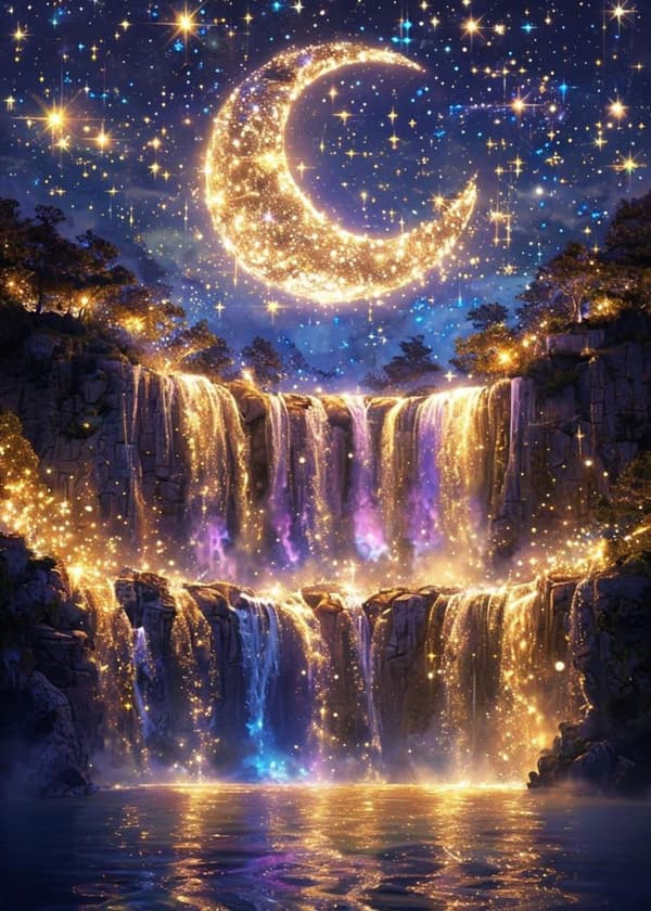 Bomclap 5D Moon Light Waterfall Diamond Kit Voksne Begyndere – DIY Full Round Drill! Månelandskab Diamantprikker – Hemmawall Indretning 30x40cm