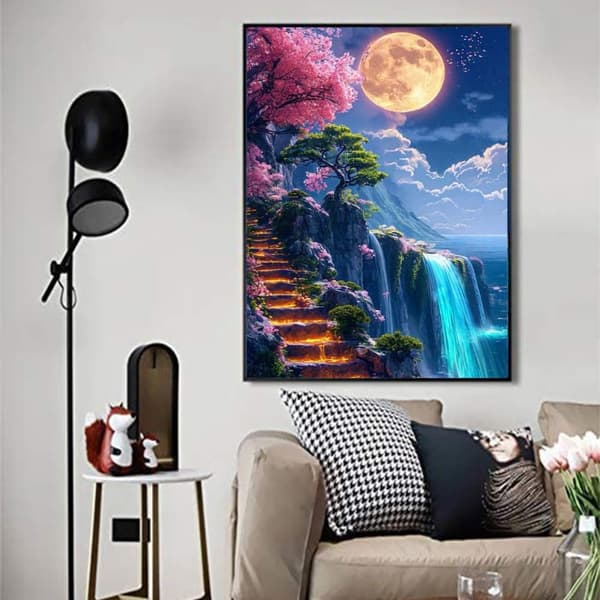 Bomclap Moon Landscape 5D Diamond Kit Voksne – Vandfaldslandskab med sinusminer! DIY strikkekraft – Hemmawall Indretningsgave 30x40cm