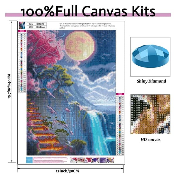 Bomclap Moon Landscape 5D Diamond Kit Voksne – Vandfaldslandskab med sinusminer! DIY strikkekraft – Hemmawall Indretningsgave 30x40cm