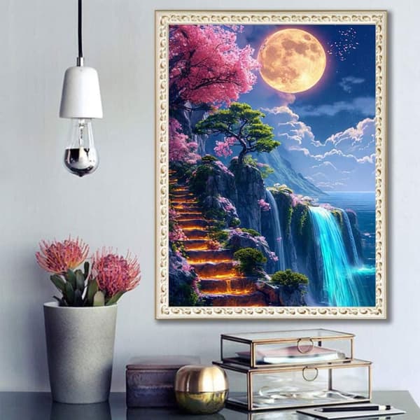 Bomclap Moon Landscape 5D Diamond Kit Voksne – Vandfaldslandskab med sinusminer! DIY strikkekraft – Hemmawall Indretningsgave 30x40cm