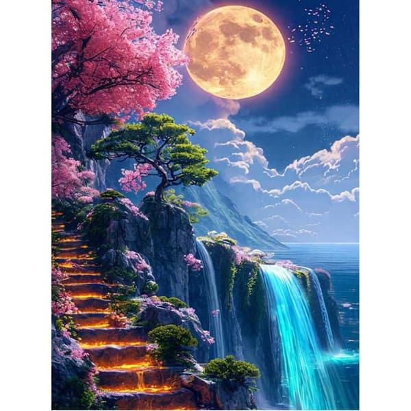 Bomclap Moon Landscape 5D Diamond Kit Voksne – Vandfaldslandskab med sinusminer! DIY strikkekraft – Hemmawall Indretningsgave 30x40cm