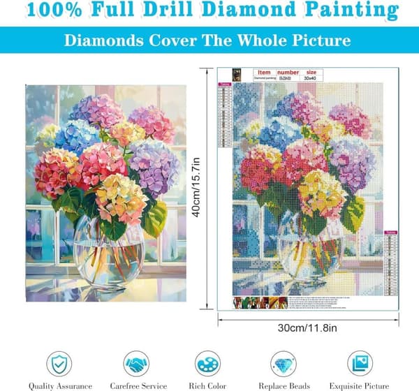 Bomclap Glass Hortensia 5D Diamond Kit Aikuiset Aloittelijat – DIY Full Drill Diamond Dots! Kristallcraft – Hemmawall Sisustuslahja 30x40cm
