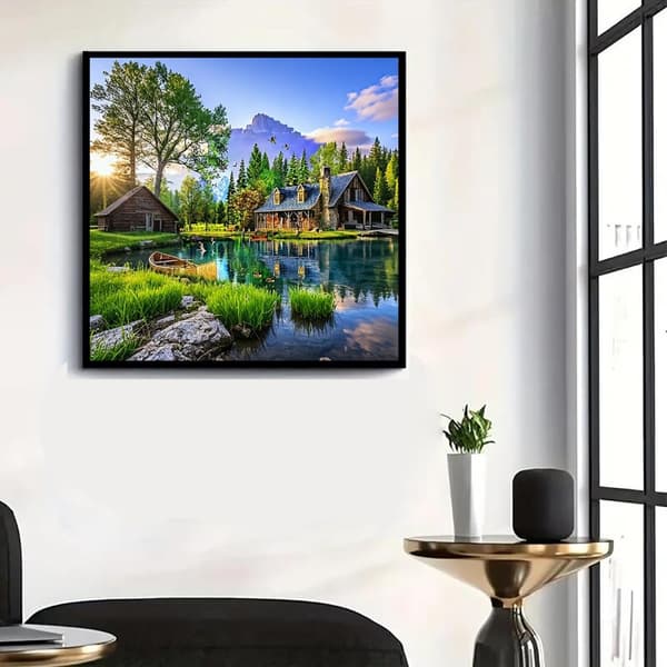 Bomclap Diamond Painting – Idyllic Lake - side Log Cabins i Naturens Skönhet DIY 5D Diamantmålning för Vuxna & Nybörjare, 30x30cm