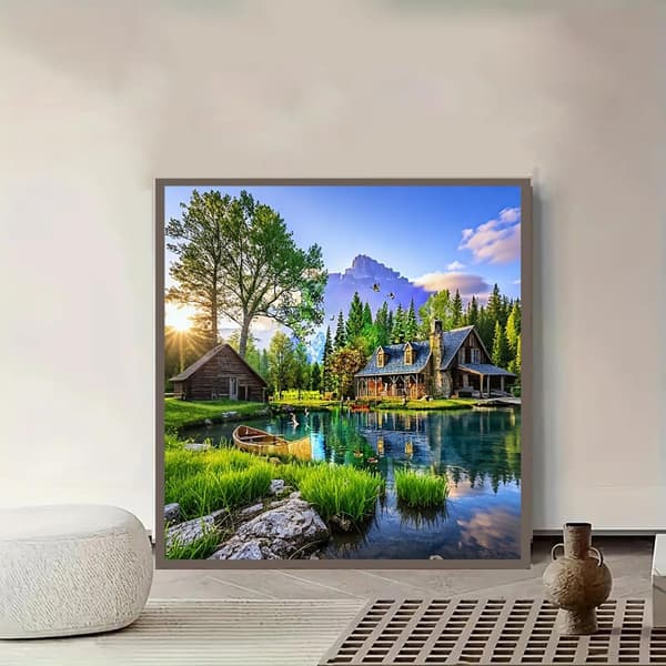 Bomclap Diamond Painting – Idyllic Lake - side Log Cabins i Naturens Skönhet DIY 5D Diamantmålning för Vuxna & Nybörjare, 30x30cm