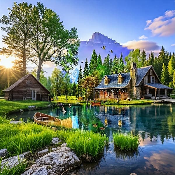 Bomclap Diamond Painting – Idyllic Lake - side Log Cabins i Naturens Skönhet DIY 5D Diamantmålning för Vuxna & Nybörjare, 30x30cm