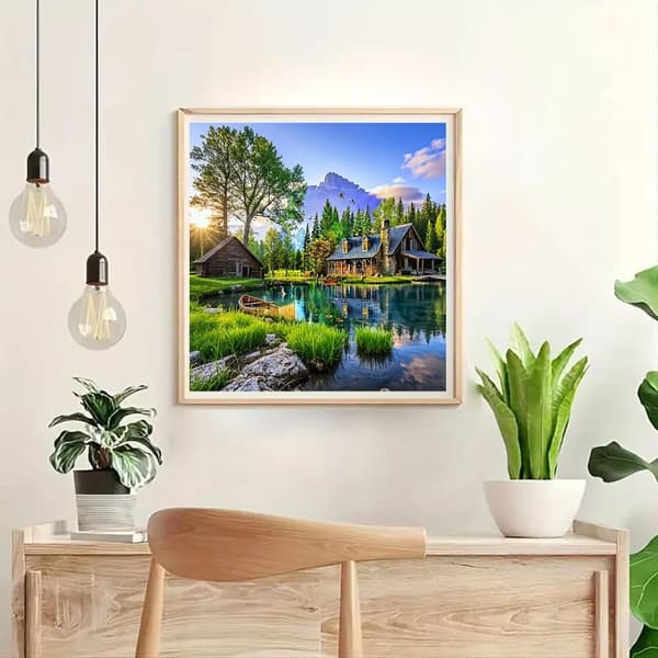 Bomclap Diamond Painting – Idyllic Lake - side Log Cabins i Naturens Skönhet DIY 5D Diamantmålning för Vuxna & Nybörjare, 30x30cm