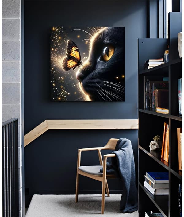 Bomclap Diamond Painting – Magisk møde mellem sort kat og glødende sommerfugl DIY 5D diamantmaleri for voksne og begyndere, 30x30cm