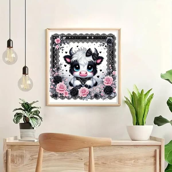 Bomclap Diamond Painting – Sød Baby Ox i elegant sort og pink DIY 5D Diamond Painting til voksne og begyndere, 30x30cm
