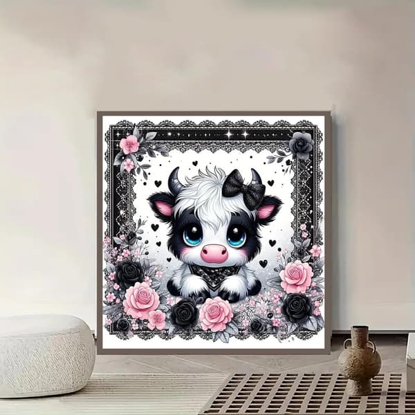 Bomclap Diamond Painting – Sød Baby Ox i elegant sort og pink DIY 5D Diamond Painting til voksne og begyndere, 30x30cm