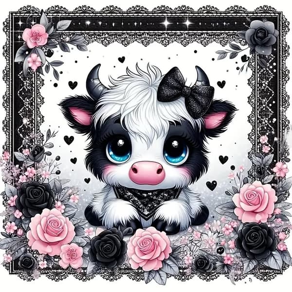 Bomclap Diamond Painting – Sød Baby Ox i elegant sort og pink DIY 5D Diamond Painting til voksne og begyndere, 30x30cm
