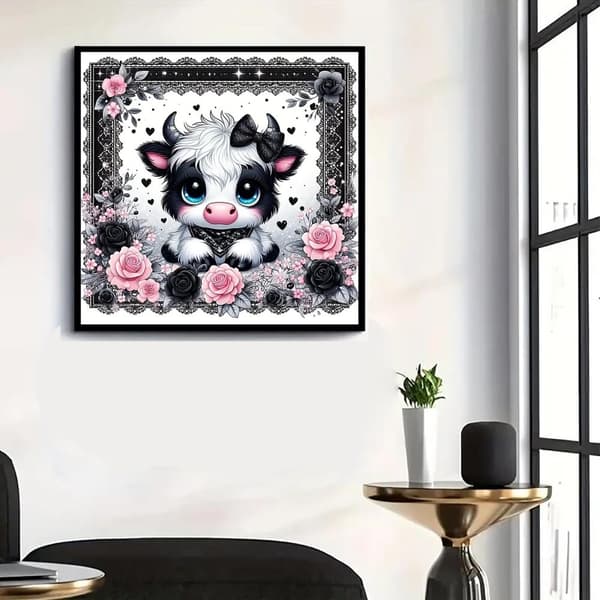 Bomclap Diamond Painting – Sød Baby Ox i elegant sort og pink DIY 5D Diamond Painting til voksne og begyndere, 30x30cm