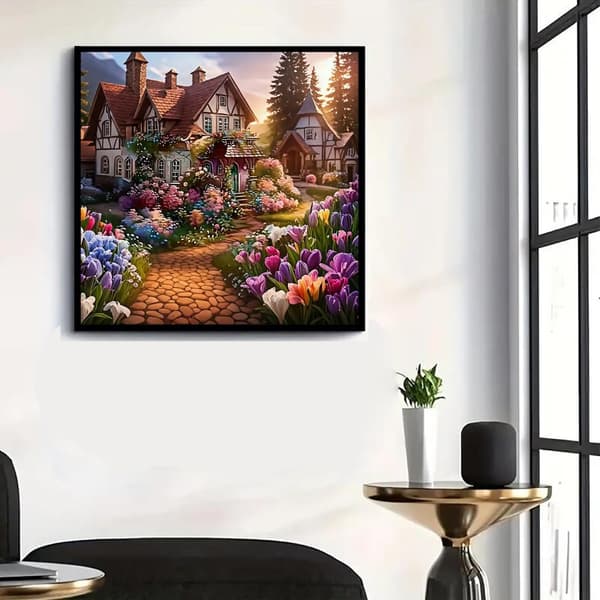 Bomclap timanttimaalaus – erittäin kukkiva kaunis talo päivänvalossa DIY 5D-timanttimaalaus aikuisille ja aloittelijoille, 30x30cm