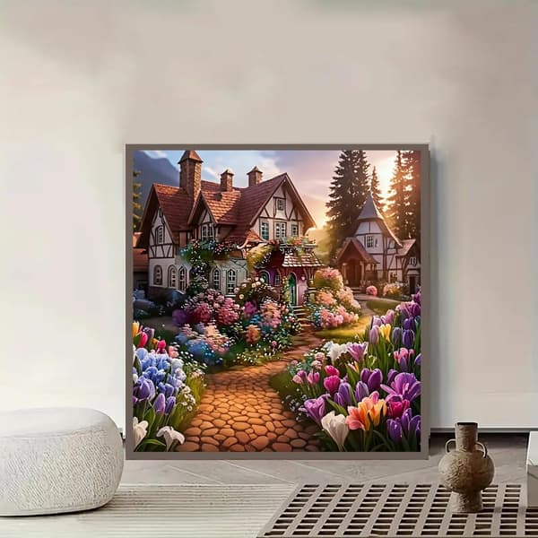 Bomclap timanttimaalaus – erittäin kukkiva kaunis talo päivänvalossa DIY 5D-timanttimaalaus aikuisille ja aloittelijoille, 30x30cm