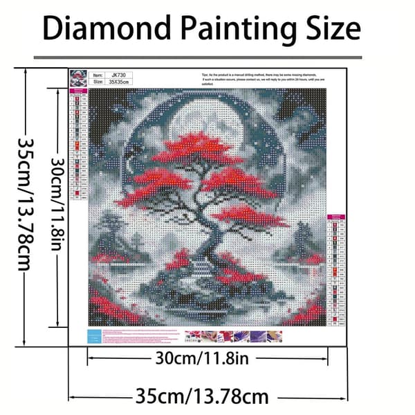 Bomclap Timanttimaalaus – Salaperäinen punainen puu ison kuun alla sumussa DIY 5D timanttimaalaus aikuisille ja aloittelijoille, 30x30cm