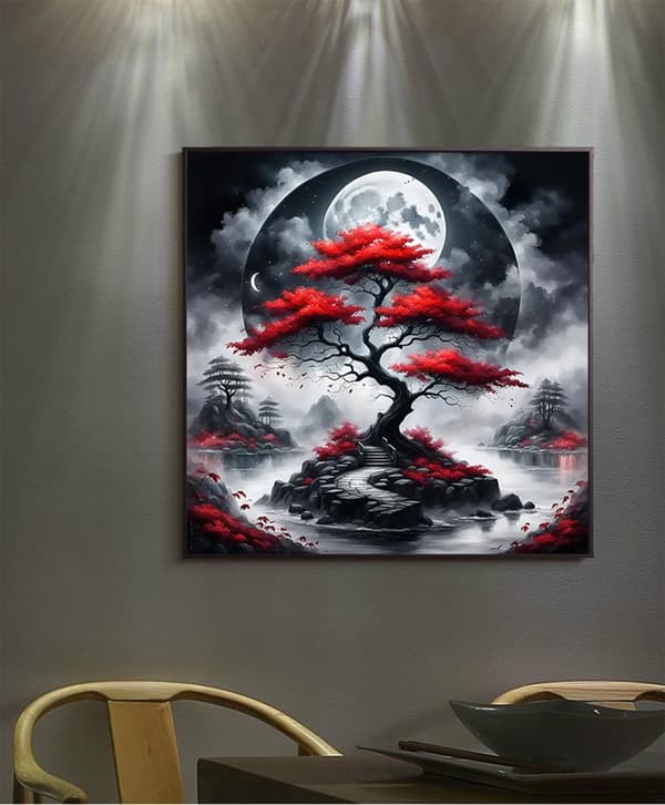 Bomclap Diamond Painting – Mystisk Rødt Træ Under Big Moon i Tåge DIY 5D Diamantmaleri for Voksne og Begyndere, 30x30cm